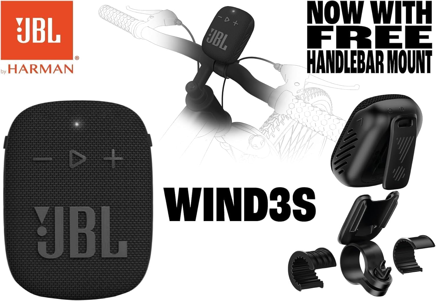 JBL Wind 3S Black altoparlante Bluetooth portatile, 5 W RMS, 84 dB, 110 Hz–20 kHz, driver 1,75", IP67, batteria 1050 mAh, Bluetooth 5.0, USB-C, supporto manubrio, outdoor