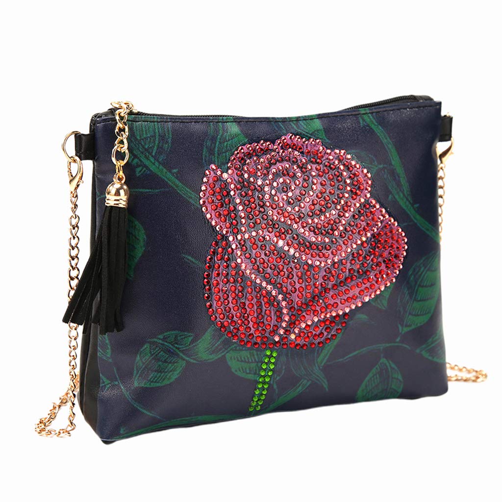 KBOLAE Creative Special Shaped 5D Rhinestone Picture Tassel Crossbody Bag Rose Flower