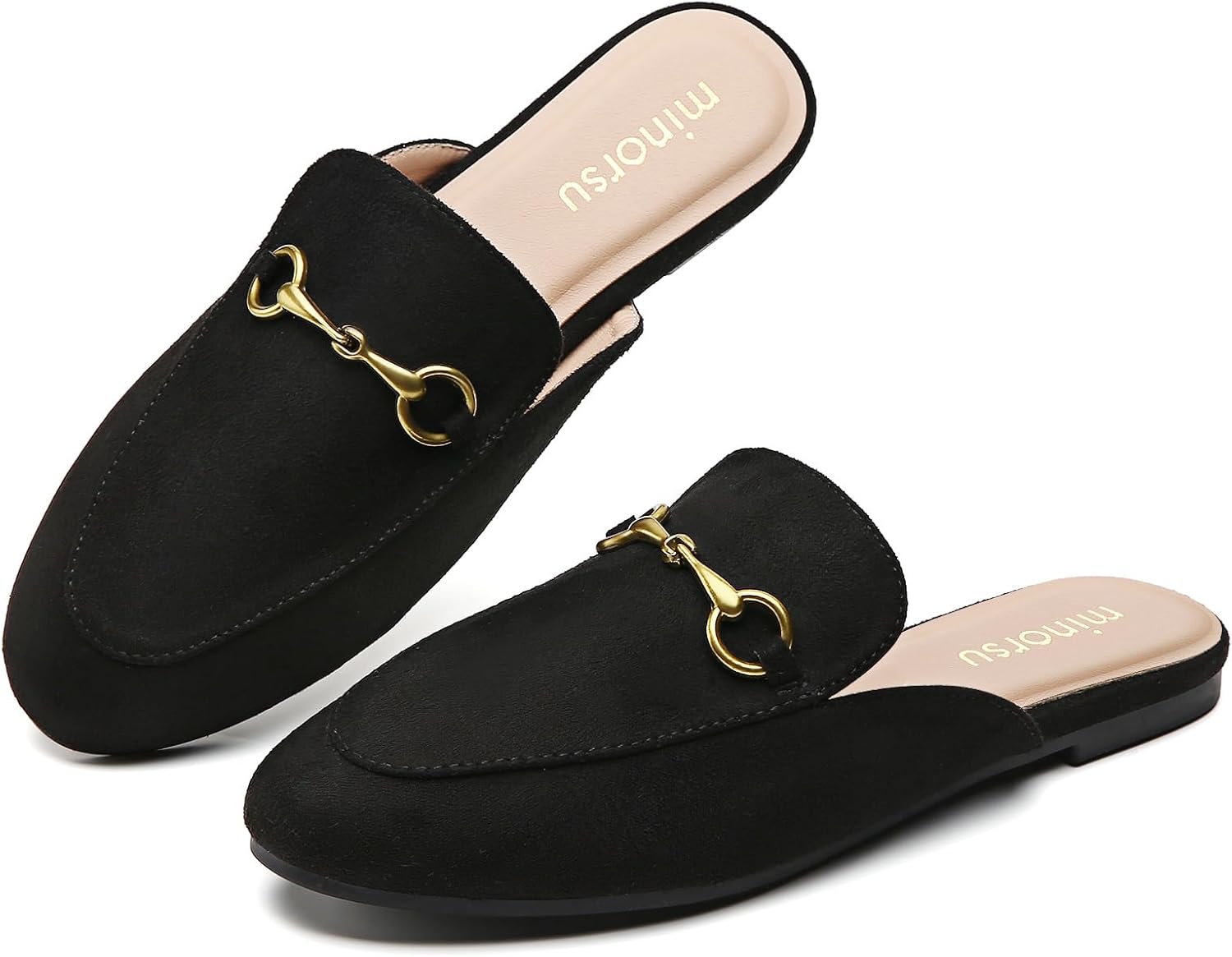 Minorsu Women's Black Animal Print Buckle Mules - Memory Foam Insole - Low Heel - Casual Mule Shoes