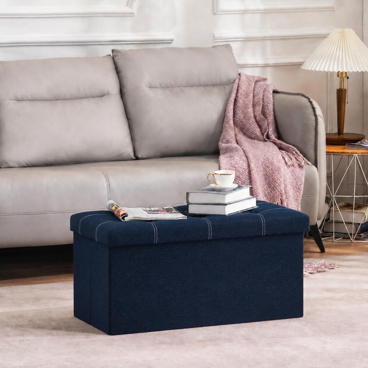 Folding Storage Ottoman Cube Stool, Linen Fabric Footrest Bench with Padded Lid, 22L Storage Box for Toys, Clothes, Books, Living Room & Bedroom, 30x30x30 cm (Navy Blue, 76 * 38 * 35 cm)-image-1