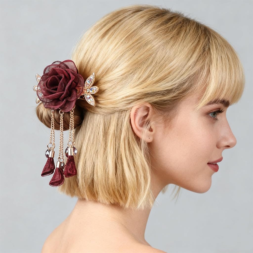 ZIBUYU Flower Hair Pins with Tassel French Accessories for Women Girls Vintage Floral Wedding Performance Daily Style