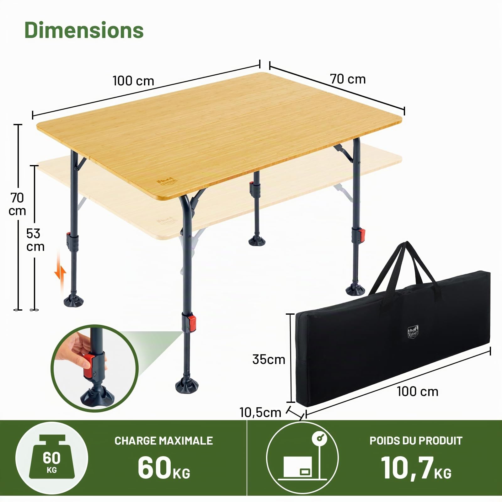 Timber Ridge Table Camping Pliante Bambou Hauteur Réglable 4-6 Personnes | Plateau en bambou élégant, hauteur réglable, table pliante pour 4-6 personnes avec sac de transport pour camping et jardin