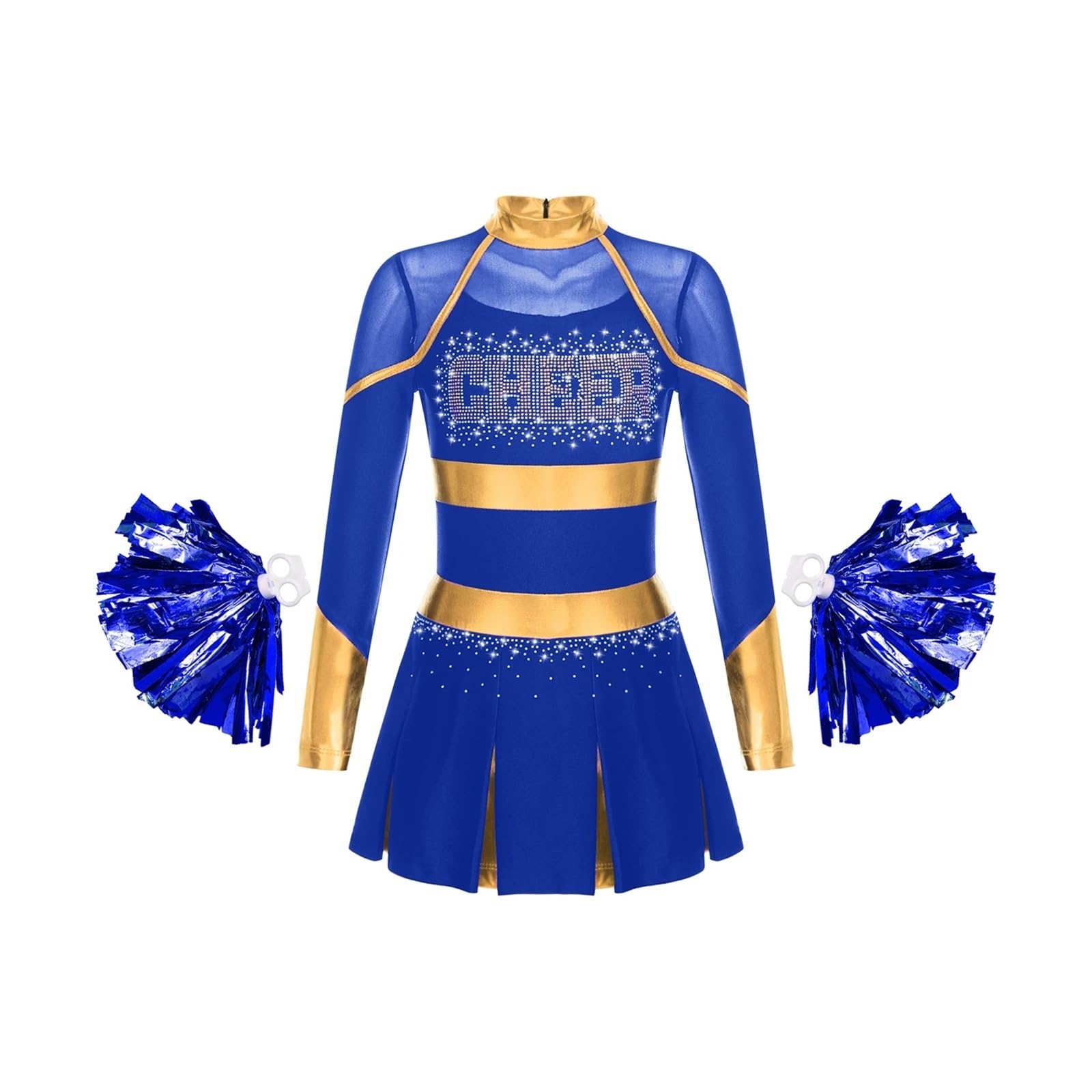 Costume Cheerleader Donna Costume da Ballo Uniforme da Cheerleader Abito Pieghettato a Maniche Lunghe Metallizzato con Strass con 2 Fiori a Mano(Blue A,16)