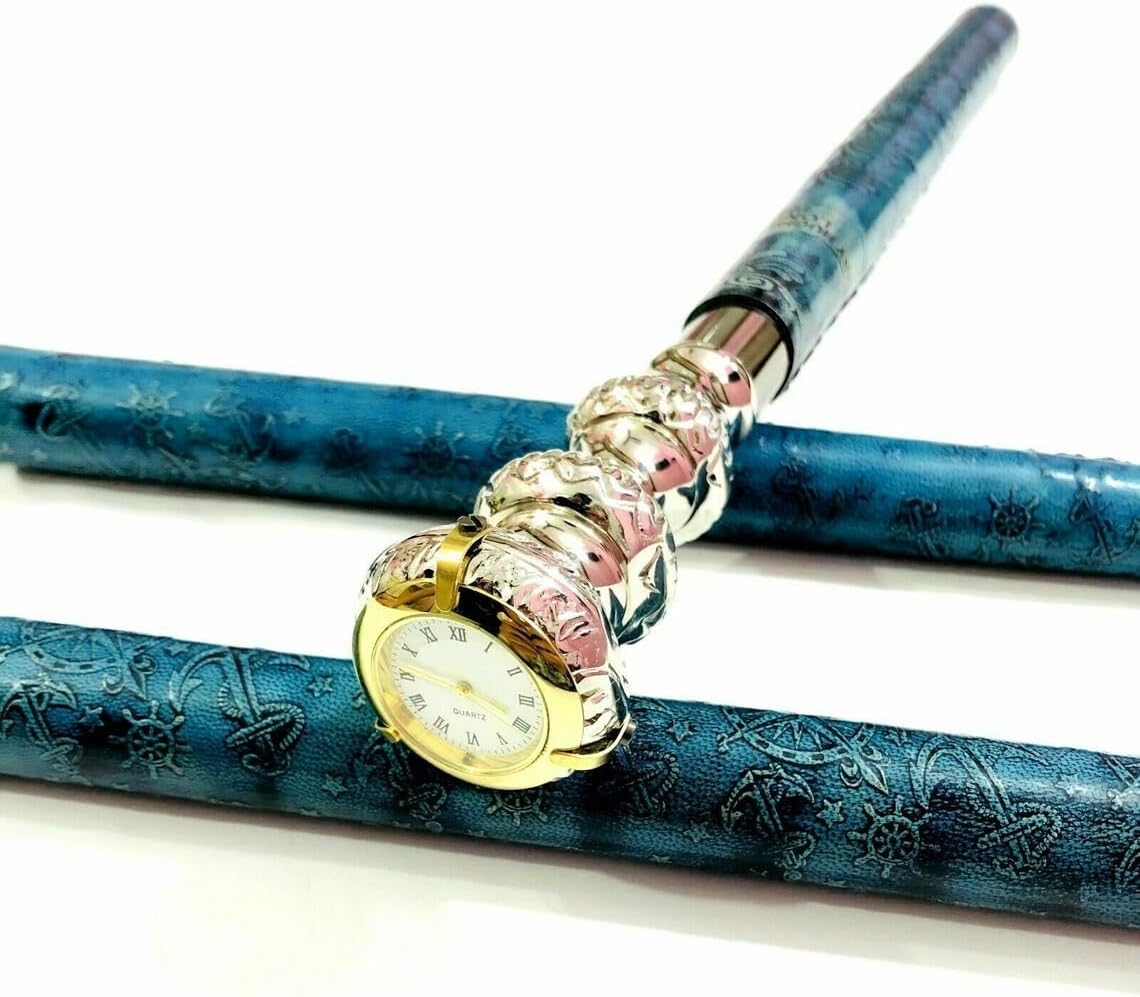 Brass Blue Leather Finish Wooden Walking Stick Canes with Clock on top, Brass Blue Leather Walking Stick with Clock, Birthday Gift