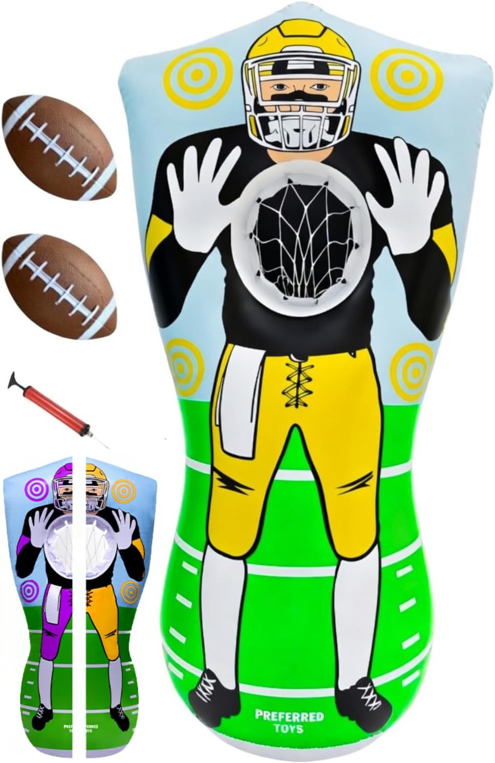 Preferred Toys 65” Inflatable Football Target Net Toss Game - Double-Sided Throwing Practice Football Stuff with Mini Balls - Backyard Tailgate Party Sports Toy for Kids & Adults