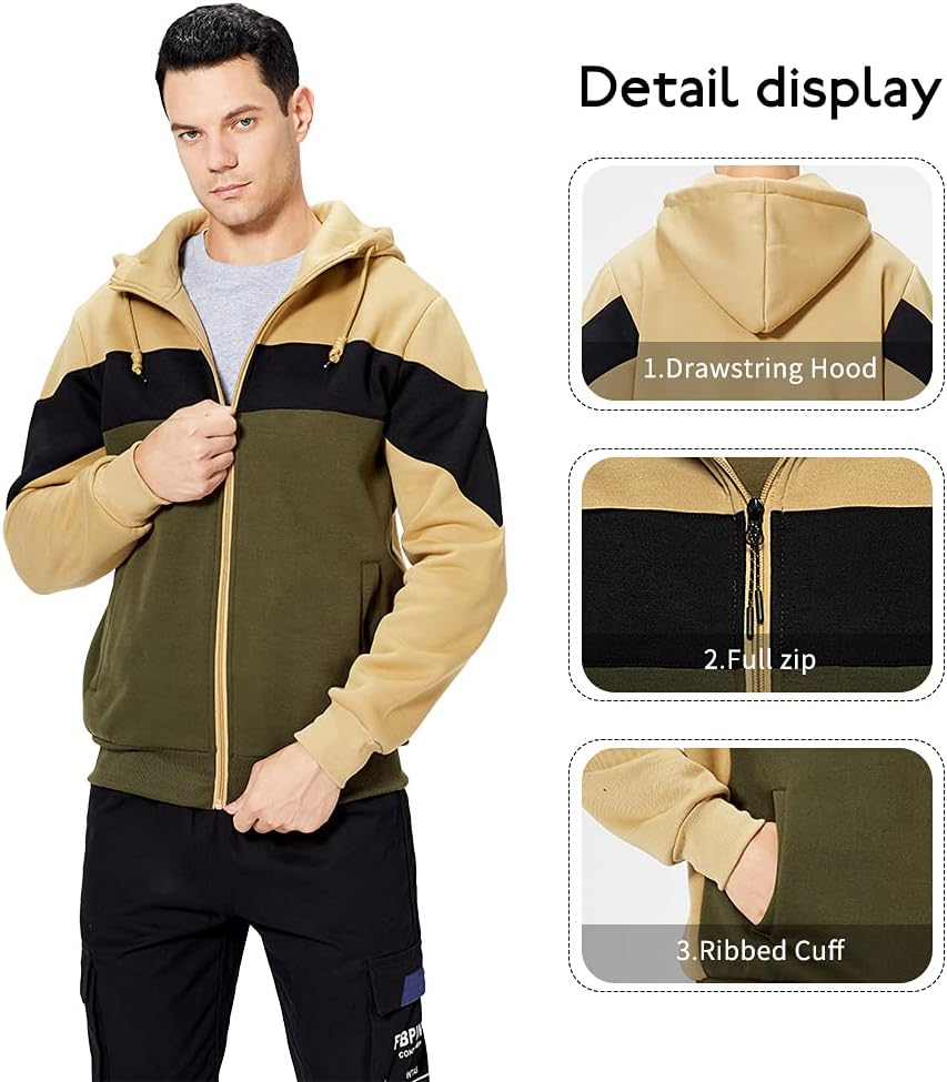 LBL Mens Slim Fit Long Sleeve Zip-up Fleece Hoodie Color Block Sweatshirt with Kangaroo Pocket - Image 3
