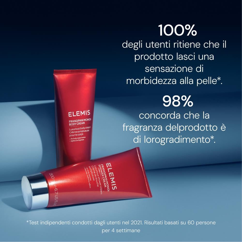Elemis cura del corpo – Crema corpo Frangipani Monoi, crema doccia e bagnoschiuma rinfrescante, cura della pelle dal profumo esotico per l'uso quotidiano