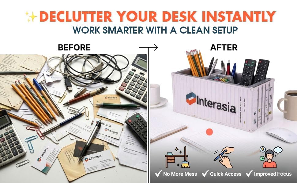 Image of Neonix Desk Organizer Office Supplies Multi-Function Shipping Container Storage Box | Pen, Pencil, Business Card & Remote Control Holder for Office & Home (Gray)