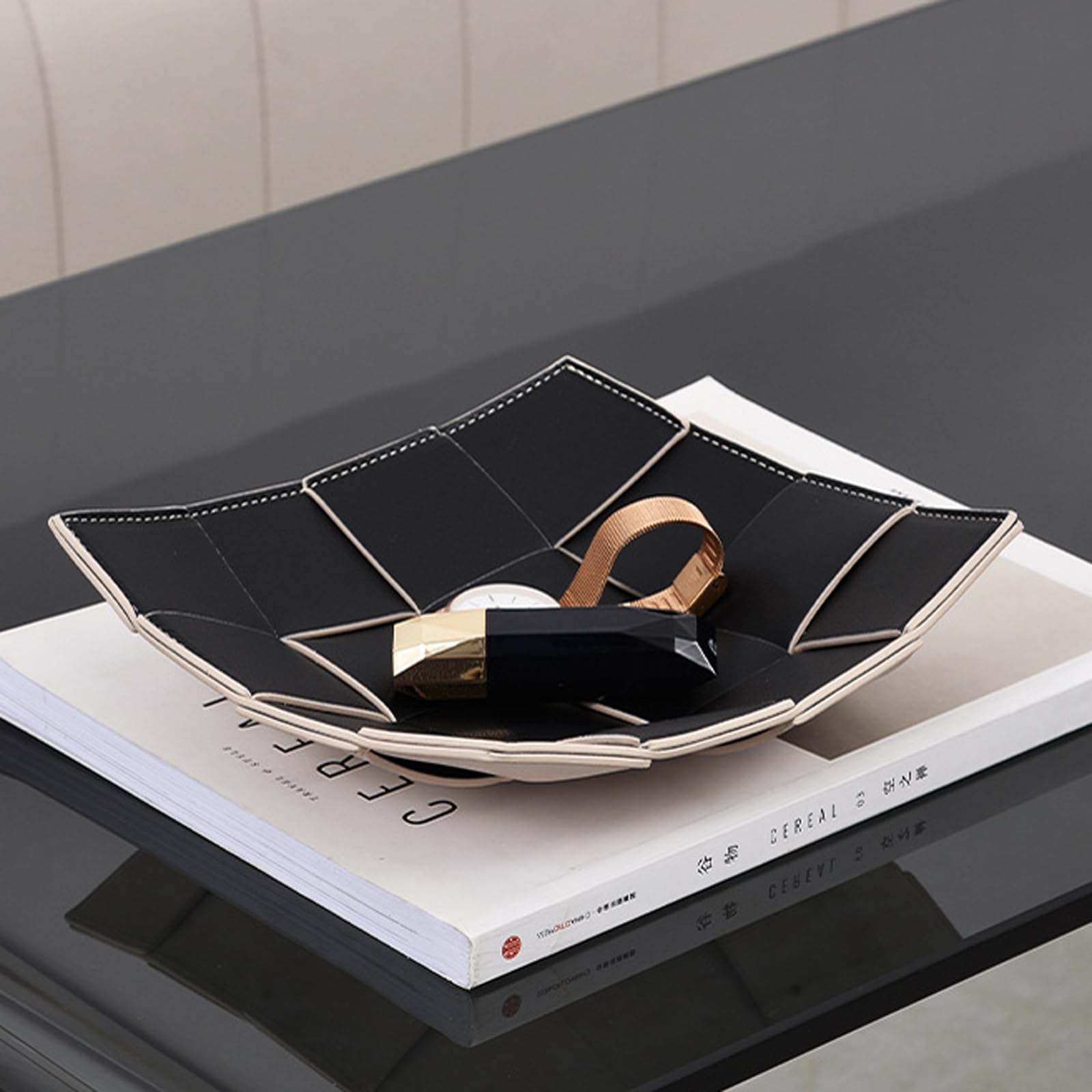 Bandeja de cuero tejido negro – Bandeja para llaves Detive, organizador de joyas, cuenco de exhibición de tocador, soporte de cuero para llaves y accesorios