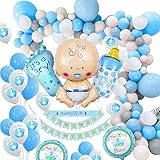 Homgaty Baby Shower Dekorationen Junge, Babyparty Deko Junge Babyshower Boy Set mit It’s a Boy Banner Girlande, Blauen Deko luftballons, Neugeborene Folienballon Mehrweg