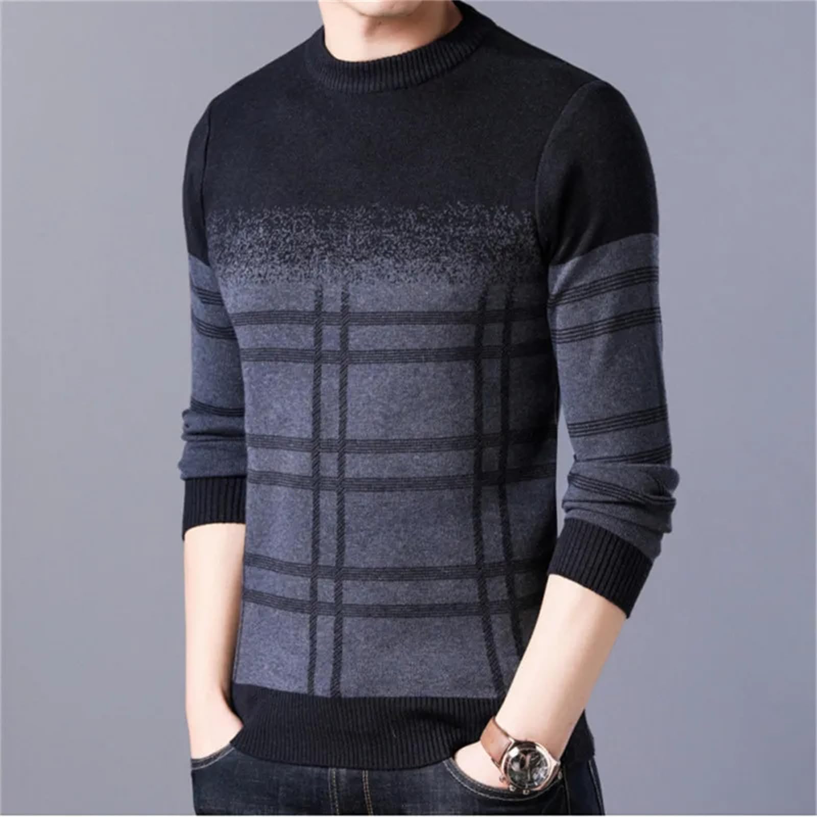 Pullover da uomo autunno e inverno a righe slim fit lavorato a maglia casual O-collo maglione lavorato a maglia per gli uomini