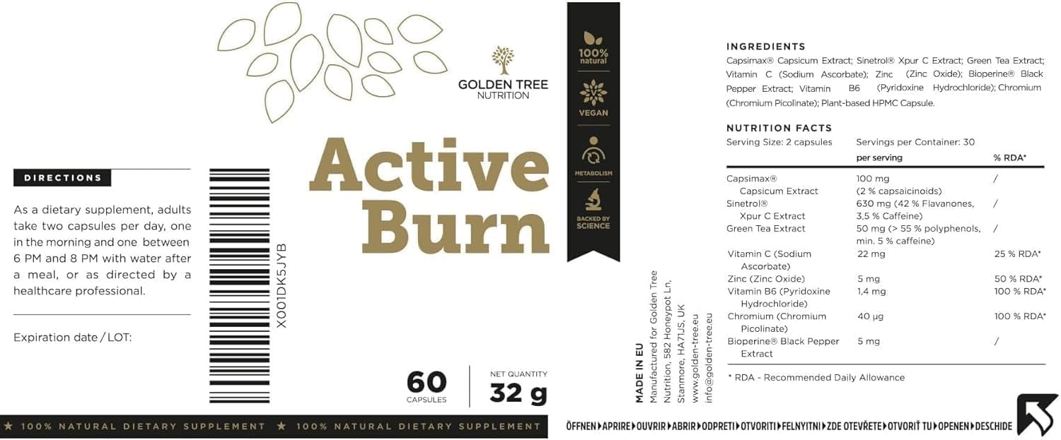 Golden Tree Active Burn − Cápsulas Té Verde, 60 piezas | Con Vitamina C, Vitamina B6, Zinc, Cromo y Extracto de Pimienta Negra