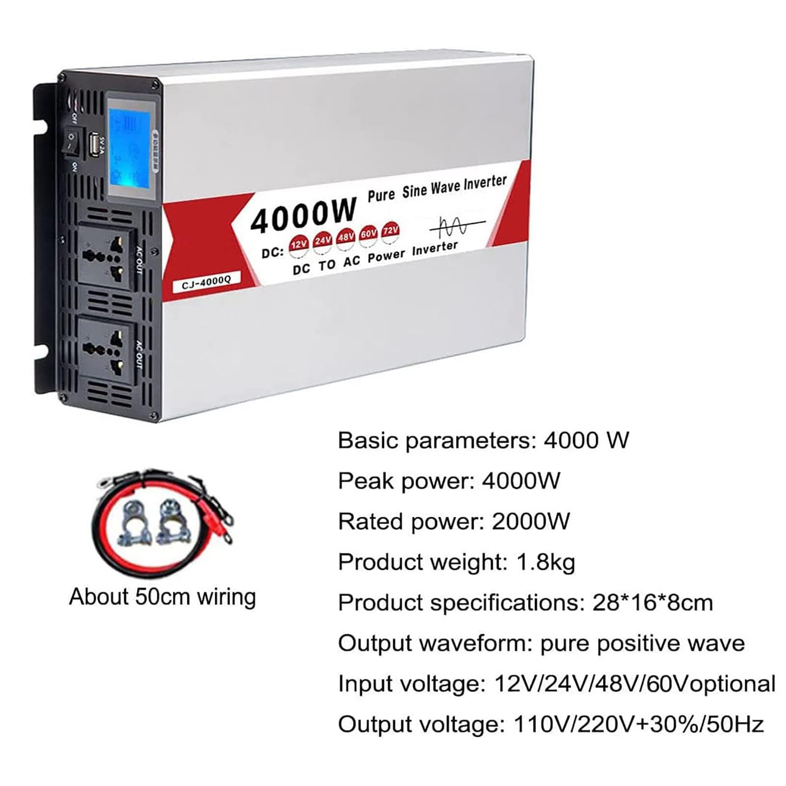 4000W 5000W 6000W 8000W Przetwornica czystej fali sinusoidalnej Przetwornice mocy prądu stałego DC 12V/24V/48V/60V do Ac 220V Wysokowydajny falownik do konwertera samochodowego,4000W-48V