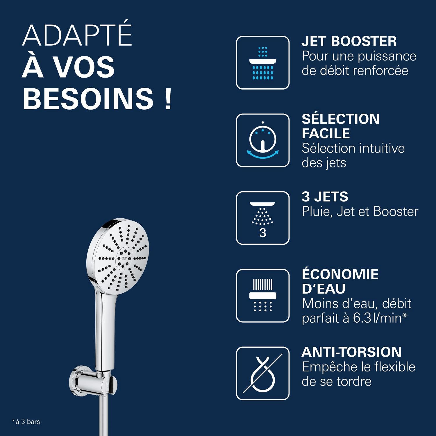 GROHE Vitalio Joy+ 120 Ensemble Pomme de douche & Support Mural, (⌀120 mm, 3 Jets, Économie d’Eau 6,3 l/min, Protection Anti-Brûlure, Flexible 1,5m), Chrome, 1348650000