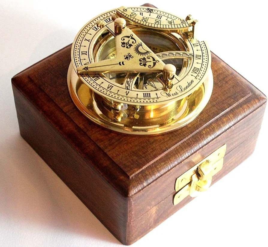 Nautical Brass Round Sundial Compass Solid Pocket Sundial - West London with Wooden Box-picture-14