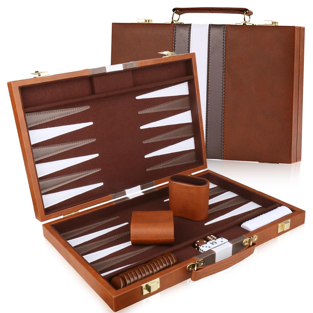 Travel Backgammon Set, Wooden Backgammon Set Luxury with Premium Leather Case, Portable Classic Strategy Back Gammon Board Game with Playing Pieces & Dice Cups for Adults and Children (Brown(15 Inch))