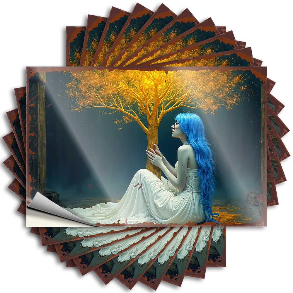 Decals Tiki Decorations Vinyl Sticker | Blue-haired Woman in White Dress Sitting Beside Golden Tree Heavy for Narrow Use(6X9CM)