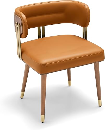 Miniatura 10 de ARTPLAN Mid-Century - Juego de 2 sillas de comedor tapizadas de cuero con chapa de madera de nogal y patas de metal dorado, cojín de espuma de alta