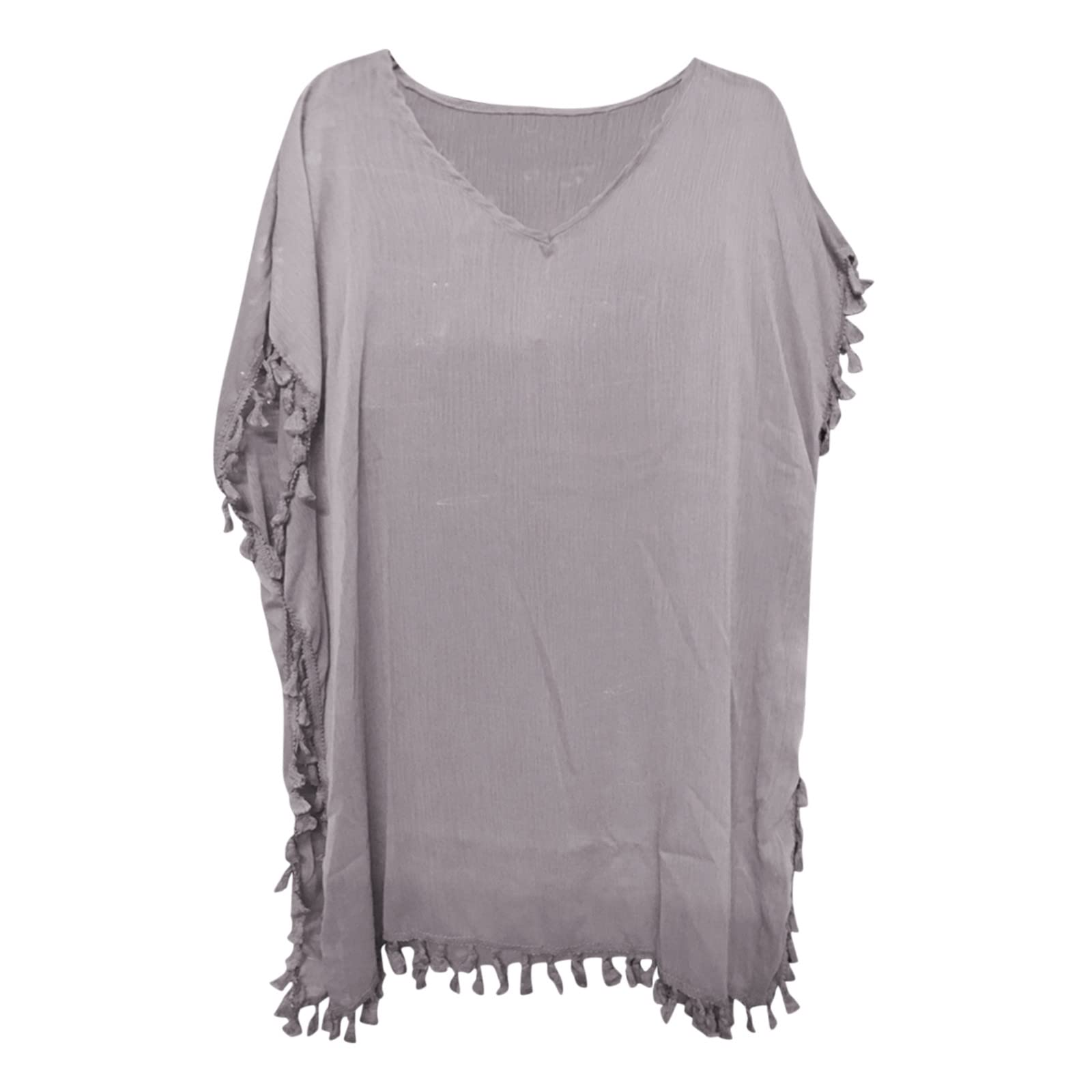 Generic Bikini Cover Up Rock Vestido de Playa Verano Hasta la Rodilla Beach Dress Cover Up Manga Corta Vestido de Verano Cuello Redondo Anrabess Pareo Túnica de Playa Poncho Boho Kimono Moda de Playa Borlas