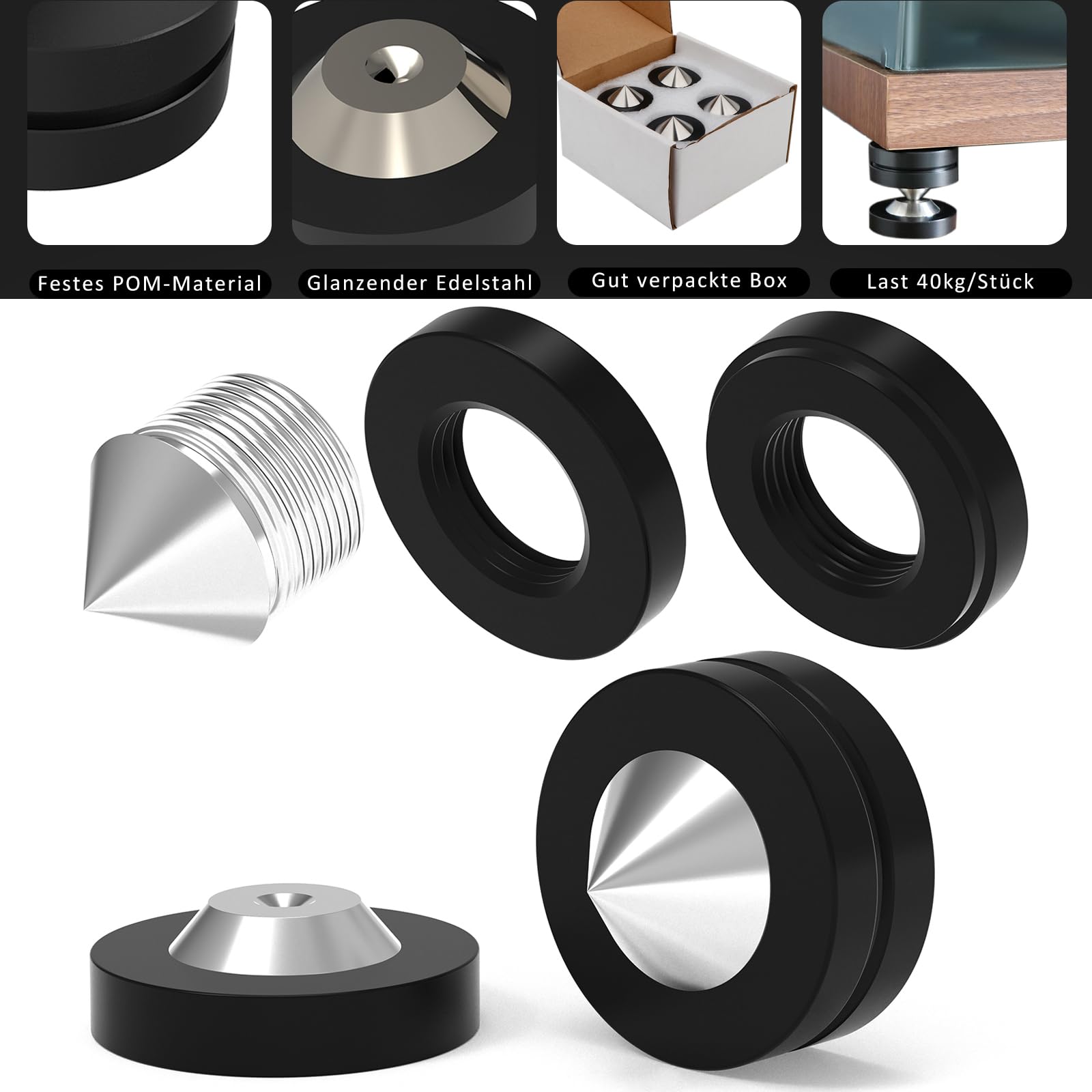 Monosaudio 4 Stück HiFi Lautsprecher Spikes 39×39mm Gerätefüße POM Einstellbare Höhe Lautsprecherständerfüße Stoßdämpfer Pads Isolationsfüße Untersetzer für Verstärker Subwoofer DAC und Plattenspieler