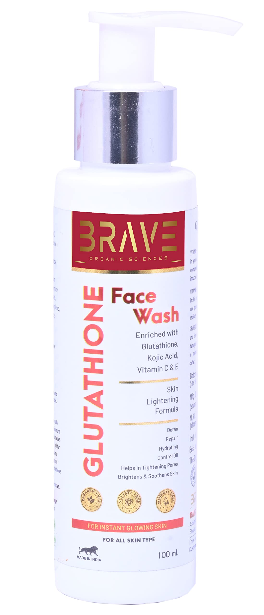 BRAVE ORGANIC SCIENCES Glutathione Face Wash with L-Glutathione, Kojic Acid, Grape Seed, Vitamin-C & E | Skin Brightening | 100 ML