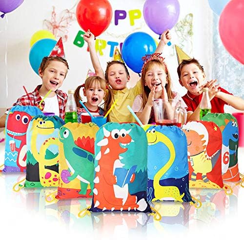 kramow 12 PCS Party Bags for Kids,Girls Boys Cartoons Dinosaur Drawstring Bags for Party Favours,Reusable Party Bags Candy Goodie Gift Bags Dino Party Supplies 