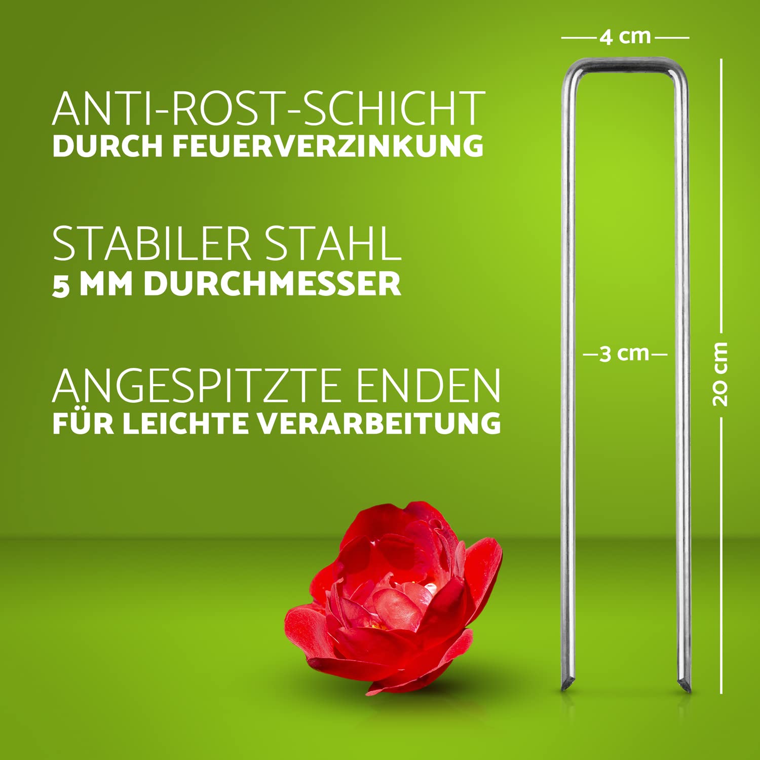 Anti-Rost Erdanker (Ø 5 mm) für extrem Harte Böden – Unglaublich Stabiler, verzinkter Stahldraht (rostfrei) – Profi Bodenanker – 20 cm lang, 3 cm breit (40 St)