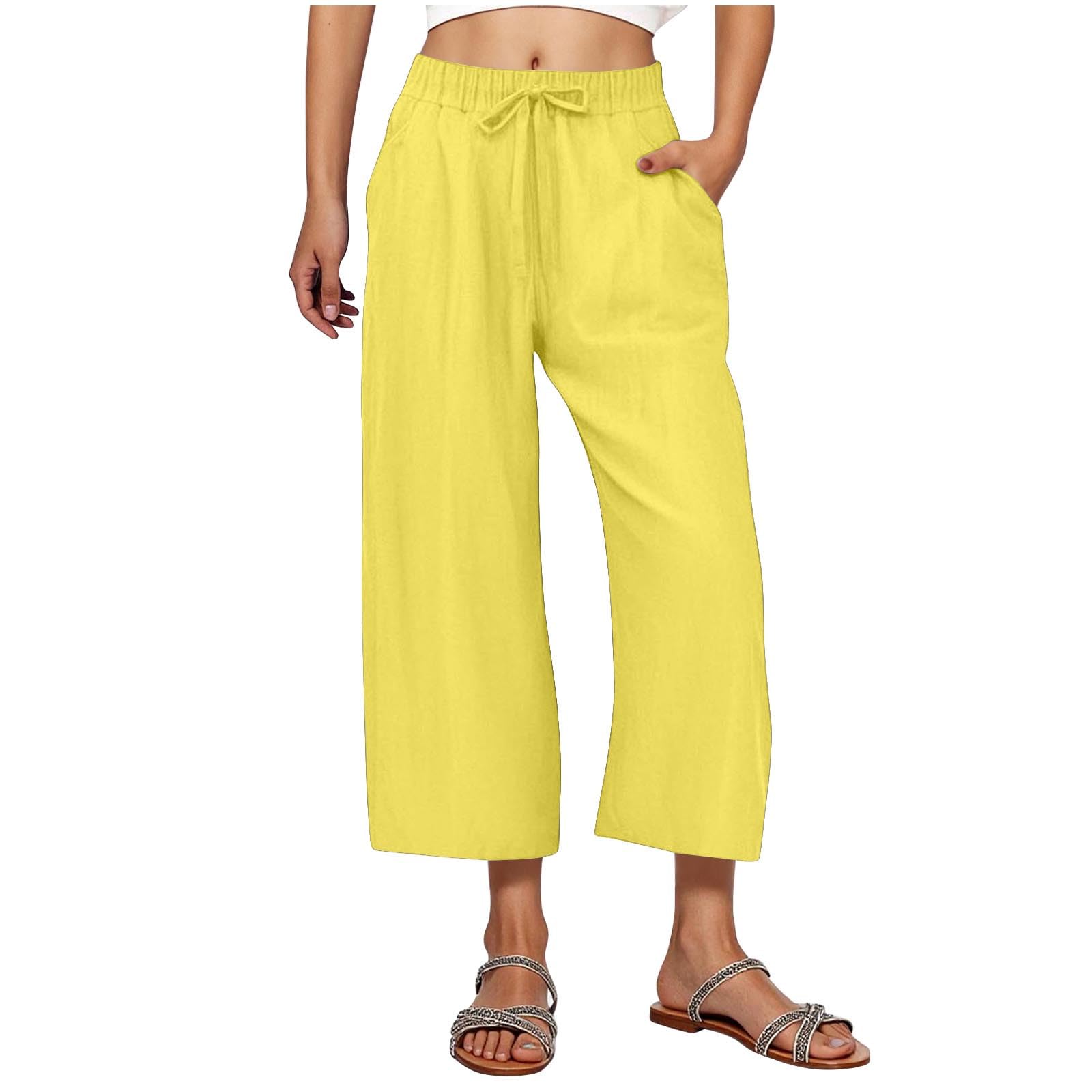 RLEHJN Damen Hosen,Weite Lose Gerade Geschnitten Palazzo Hose Hohe Taille Dehnbar Lounge Elegante Freizeithose Einfarbig Jogginghose Sommer Strandhose Freizeithose Stoffhose mit Tunnelzug und Taschen
