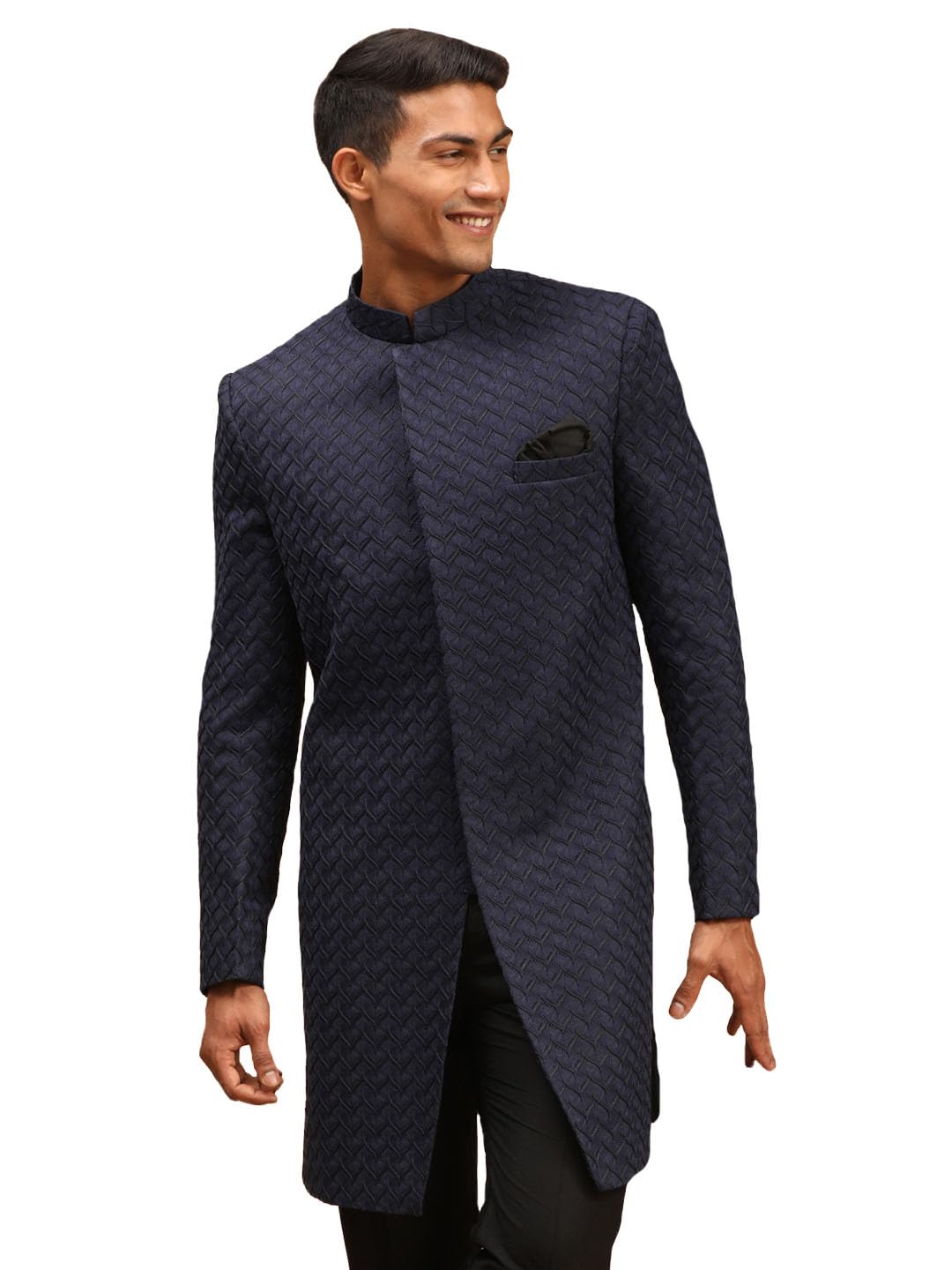 Men's Navy Blue Silk Blend Sherwani Only Top | Imported Fabric Designer Indowestern Top Only-image-43