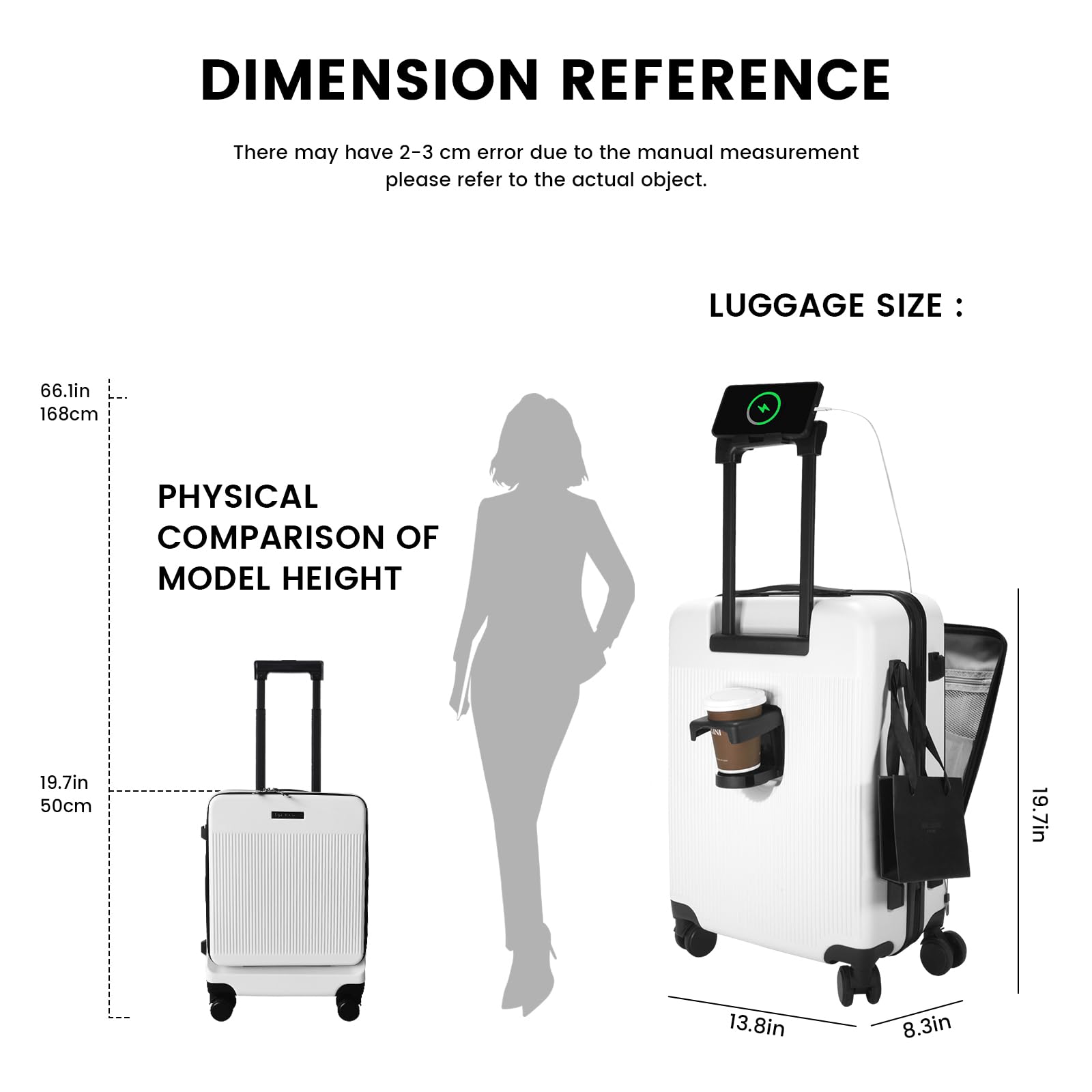 Valigia da 20 pollici con Tasca Frontale per laptop, Trolley Leggera con serratura TSA, valigia bagaglio a mano con Ruote girevoli a 360°, Ricarica USB,Porta bicchieri