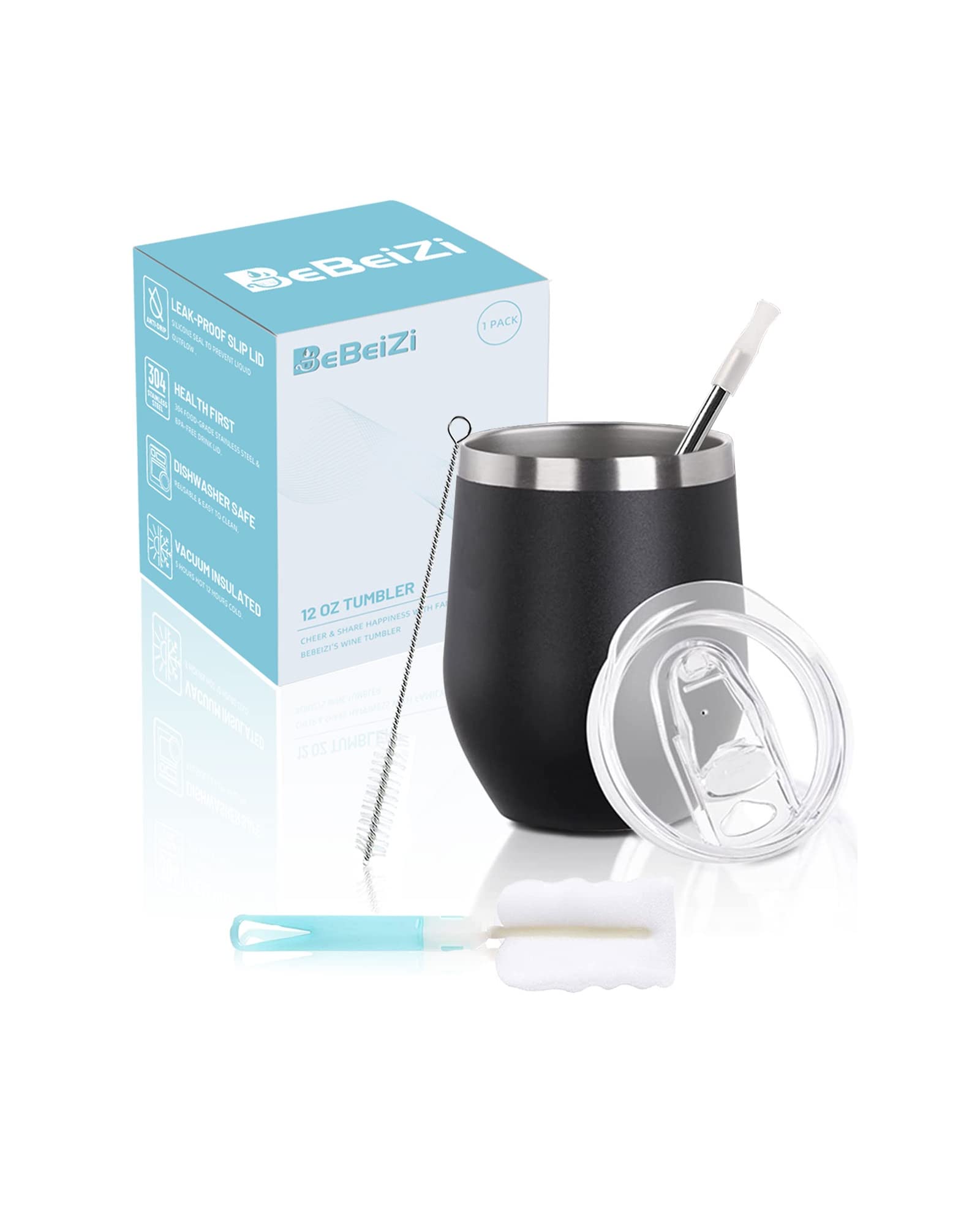 BeBeiZi Weinbecher Edelstahl, 350ml Stemless Weinbecher Mit Deckel Und Strohhalm, Vakuumisolierte Reisekaffeetasse für Cocktails, Coffee, Hochzeitsgeschenk, Geburtstag Frauen, DIY