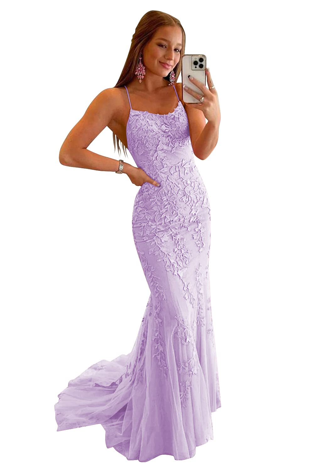Clothfun Women's Long Lace Prom Dresses Mermaid Spaghetti Straps Backless Formal Evening Gowns