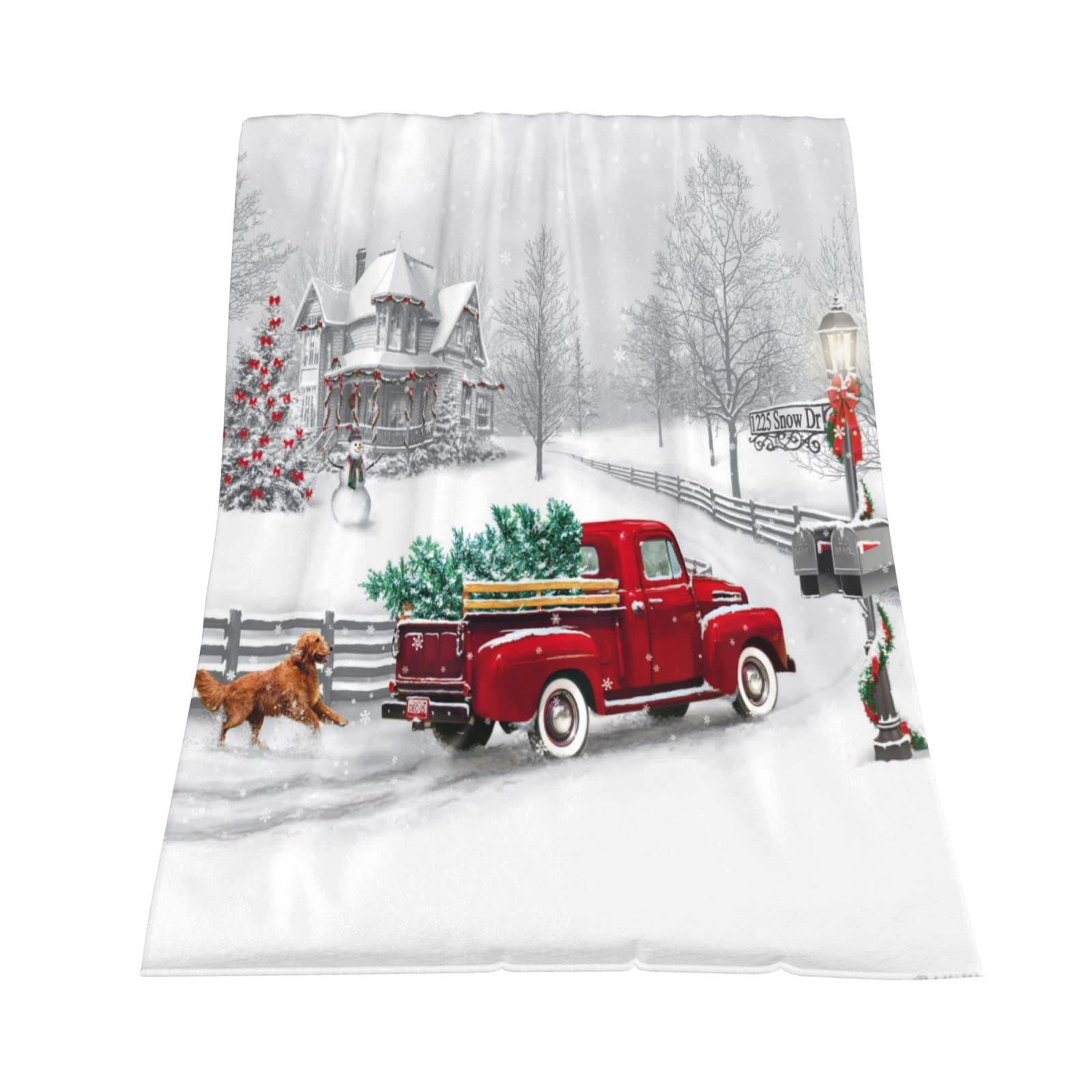 JOOCAR Christmas Throw Blanket Winter Holiday Snow Red Truck and Dog Fannel Blanket Soft Plush Warm Throw Blanket for Bed Couch Living Room Sofa Chair(White