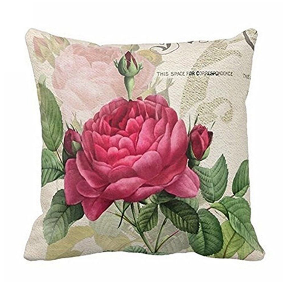 CTRLZS Vintage Floral/Flower flax Decorative Throw Pillow Case Cushion Cover Home Sofa Decorative(Rose flower)