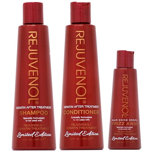 Rejuvenol Champú y acondicionador After Keratin Treatment de 10 onzas + Gotas de brillo para el cabello Frizz Away "Combo"