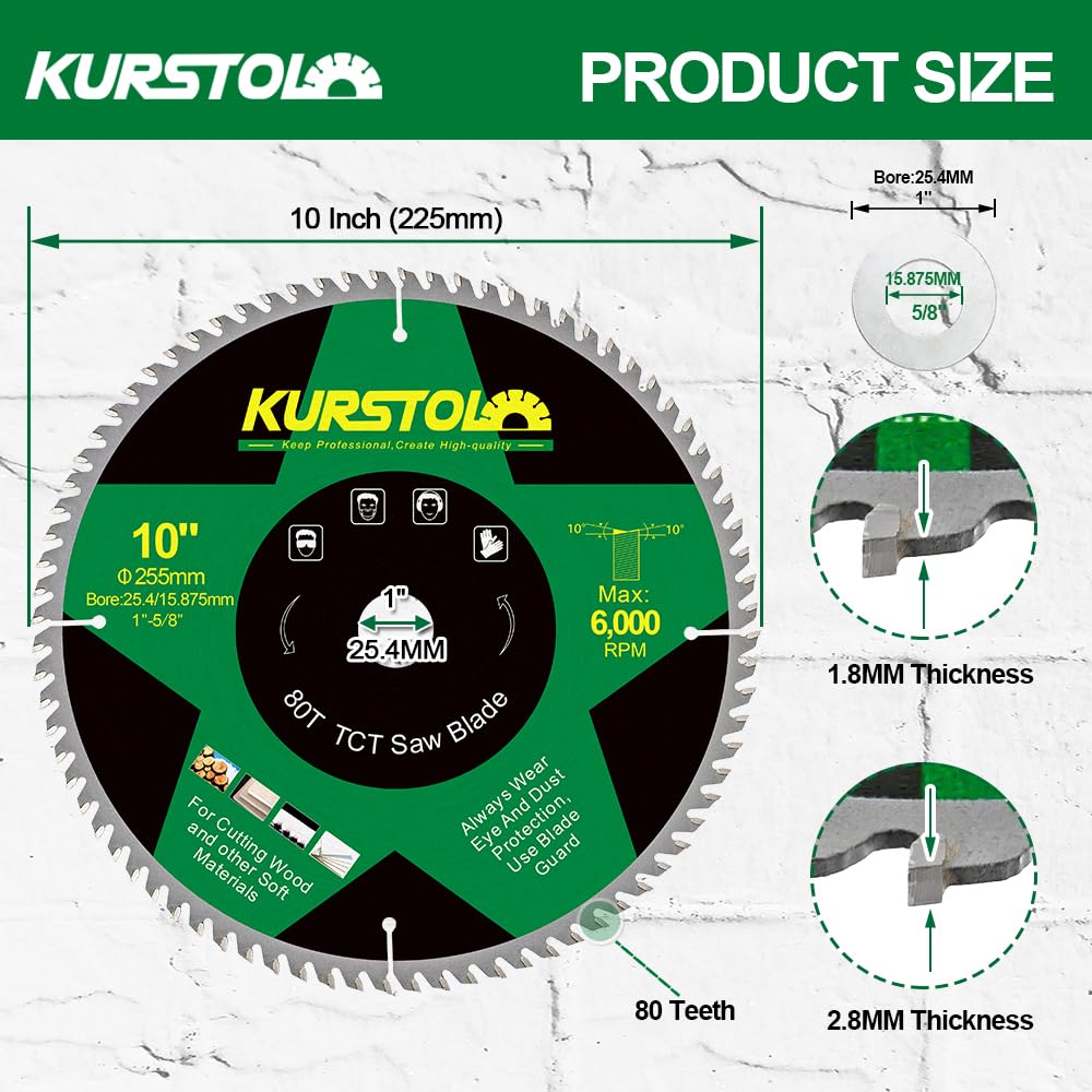 KURSTOL Circular Saw Blade 255mm, 80T ABT Wood Cutting Saw Blade with25.4mm Arbor for Wood Plastic, Plywood, Particle Boards - Image 2