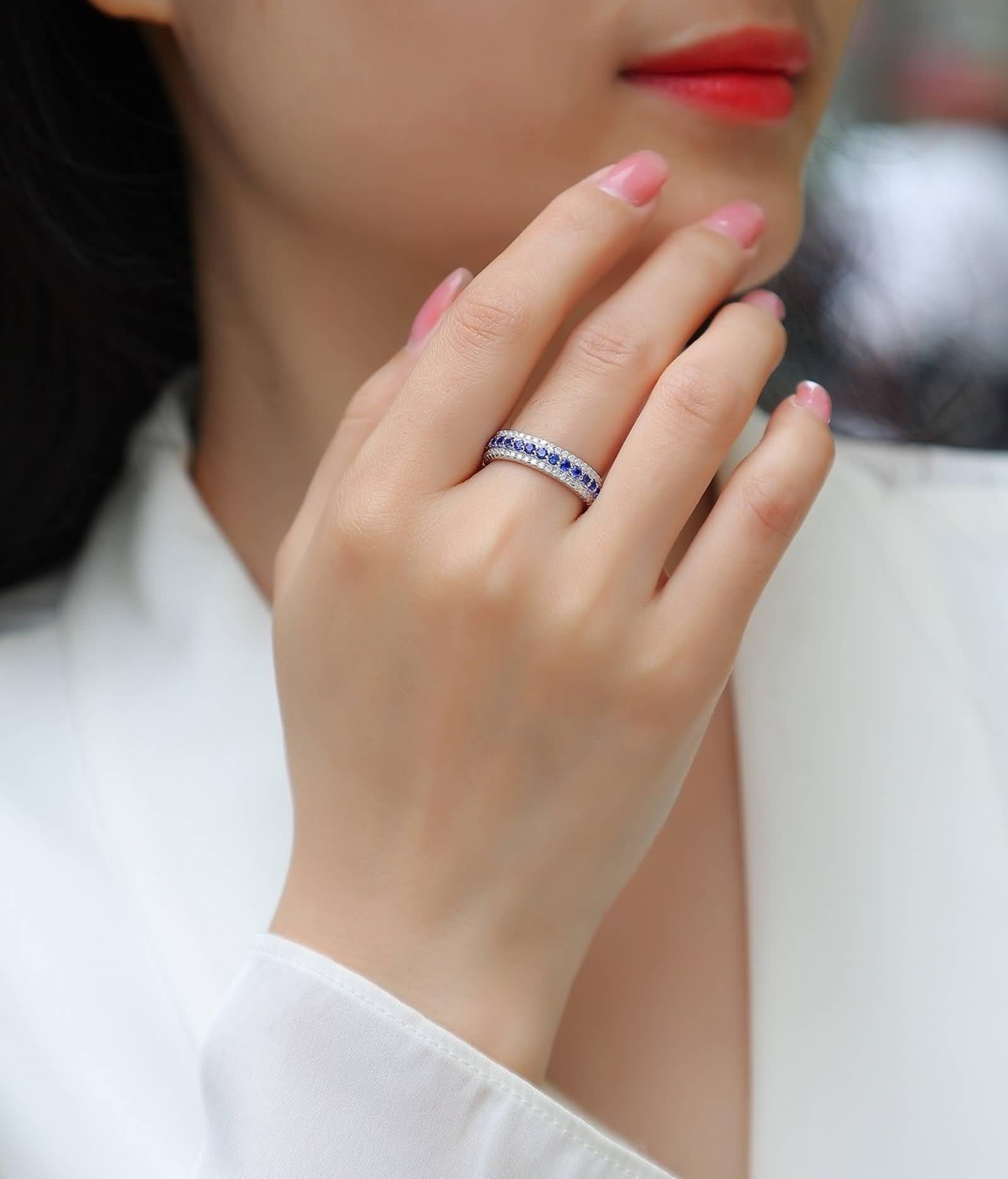 Ringe Frauen Cool, Ring Schlicht Eleganter Ring mit 0,87 Ct Labor Saphir und Moissanit Silber 18K Weißgold Größe 47 (15.0)
