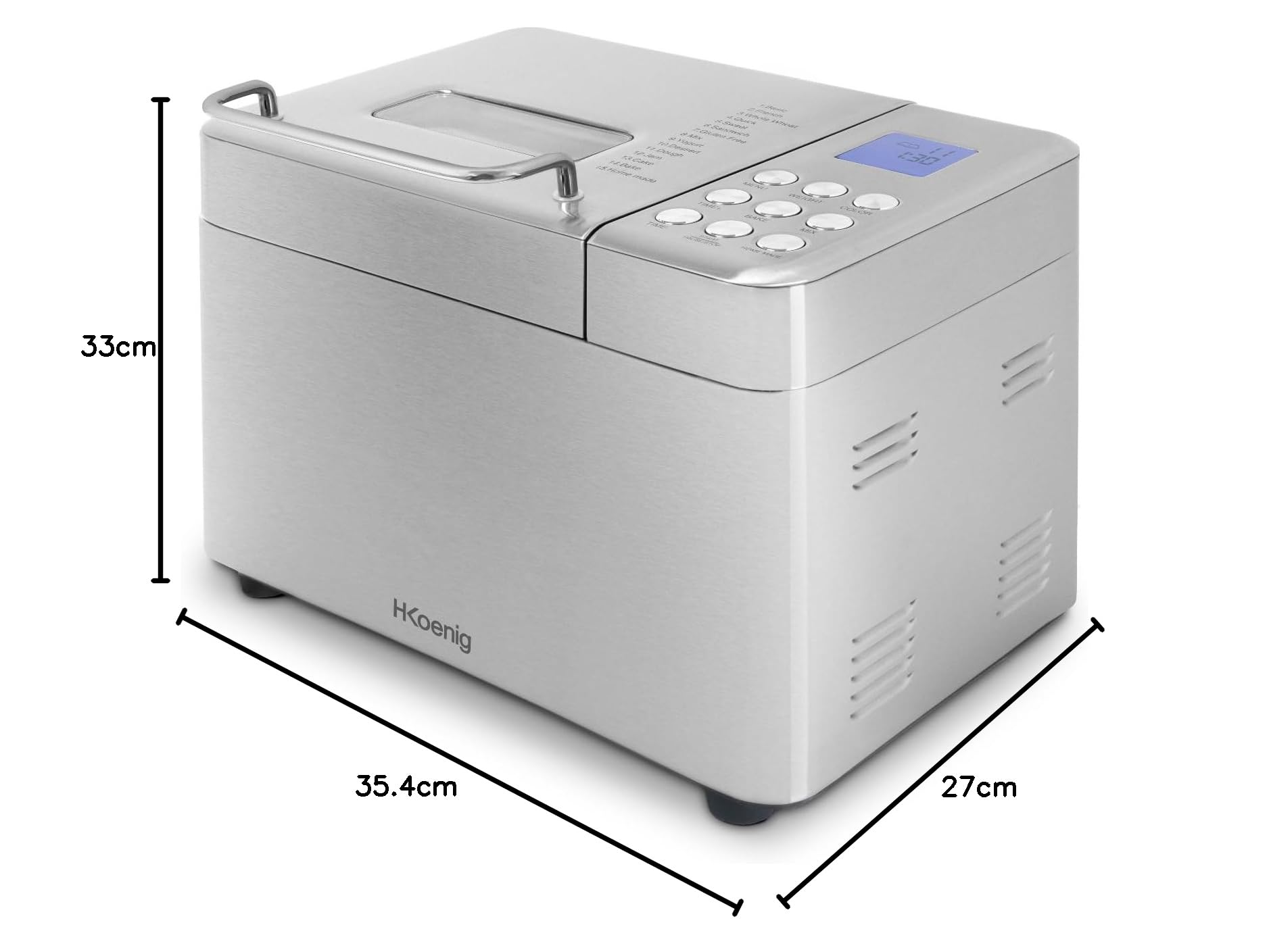 H.Koenig Machine à Pain BAKE440, 15 Programmes, Jusqu’à 1Kg de pain, Confiture, Yaourt, Fonction départ différé/Maintient au Chaud, Distributeur céréales, Cuve Amovible antiadhésive, Ecran LCD, 600W