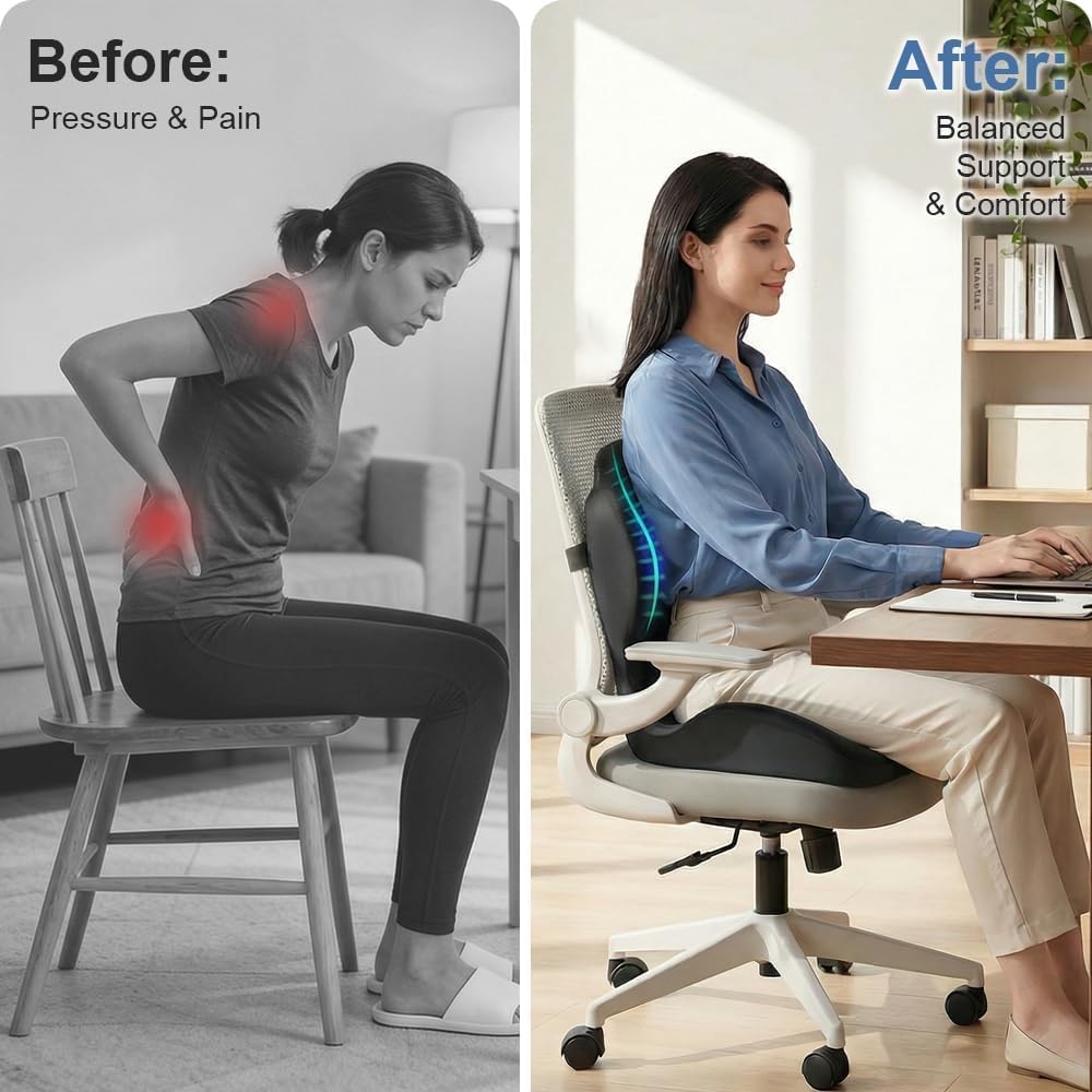 HoldOneLight Cuscino ergonomico in memory foam, per ufficio, auto, sedie da gioco e sala da pranzo, sollievo dal dolore da sciatica, coccige e coccige, supporto lombare e lombare, nero 03