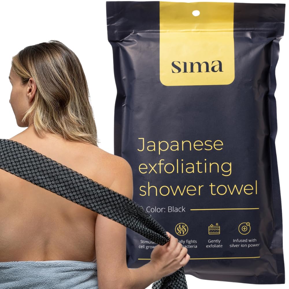Sima Brand Exfoliating Washcloth Face & Body Scrub Towel - Japanese Exfoliating Towel with Hexagon Fibers, Exfoliating Body Scrubber with 2 Sides for Scrubbing & Washing - 1 Extra Long Towel