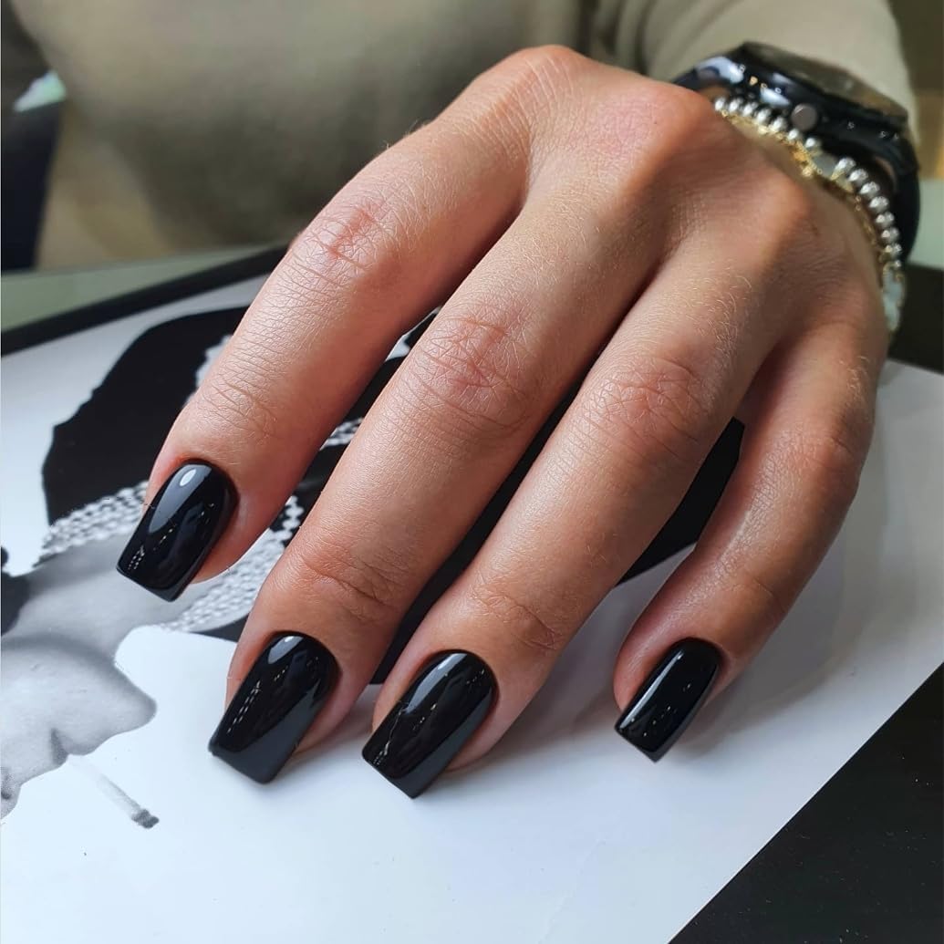 KQueenest Acrylic Press on Nails Short Medium Square, Black False Nails Short Coffin - Image 3