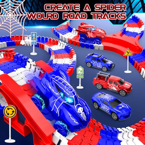 Image of Spider Toys for Boys 4-6, Spider Race Track with 5 Cool Spider Cars Toys for Kids Boys Toddler, Flexible Car Tracks for Age 3 4 5 6 7 8 Year & Up Old Boy Girls Birthday Gifts