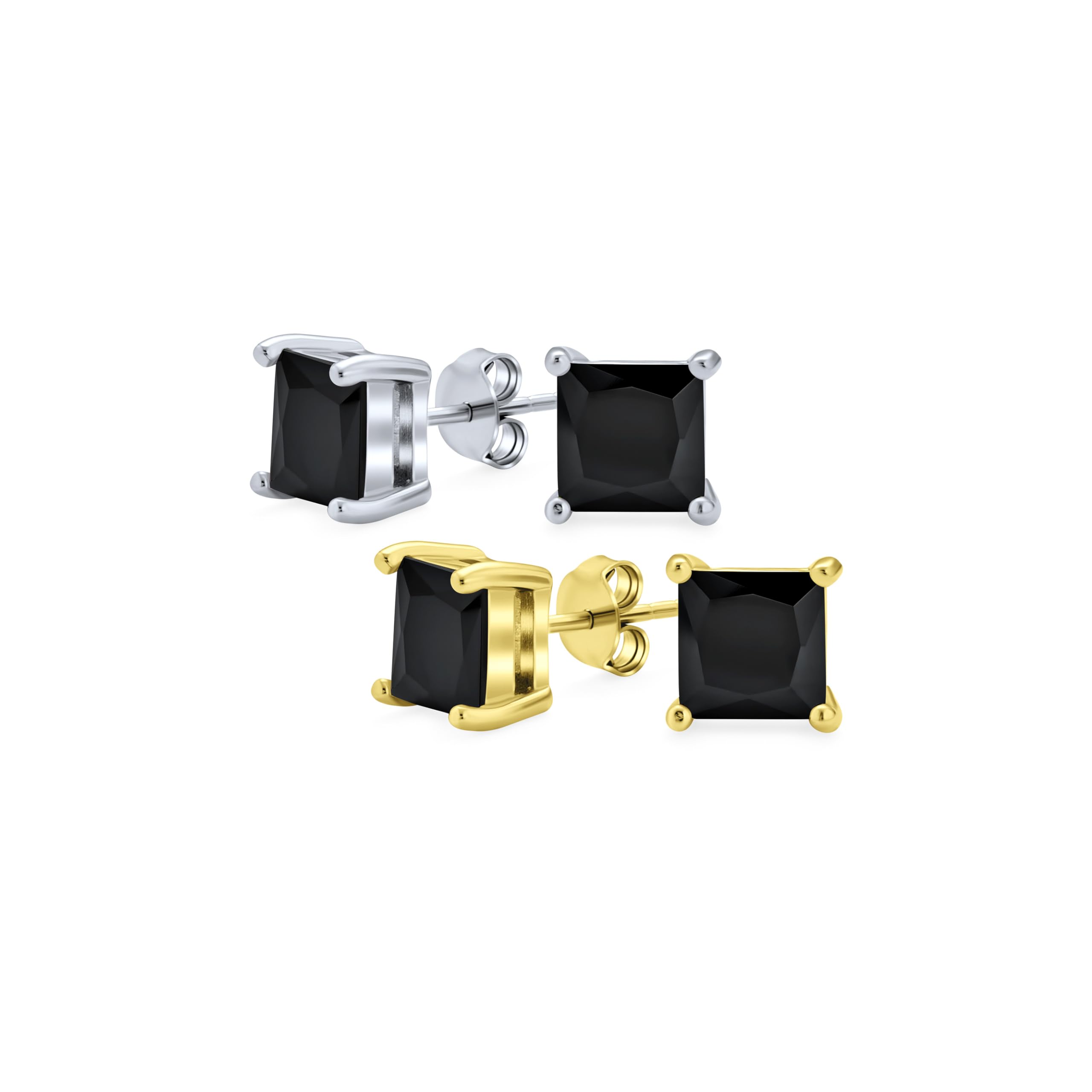 Juego de dos aretes de hombre con circonita cúbica negra cuadrada de 1CTW, corte princesa AAA CZ, chapados en oro y plata de ley .925, 7MM.