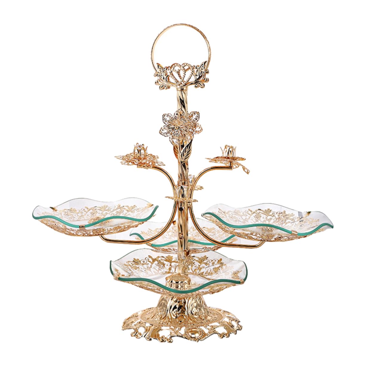 GLEAVI Obst Etagere Gold aus Eisen und Gehärtetem Glas Runde Aufbewahrungsschale für Nachmittagstee Serviertablett für Süßigkeiten und Obst | Retro Design für Zuhause, Abriebfest Verarbeitet, Dekorative Präsentation für Snacks und Süßwaren