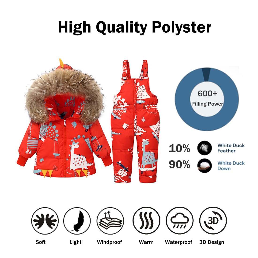 Trajes de Nieve 2 Piezas para Bebé Niña Invierno Chaqueta de Plumón Dinosaurios Abrigo con Babero de Nieve Pantalones Niños Traje de Esquí Ropa