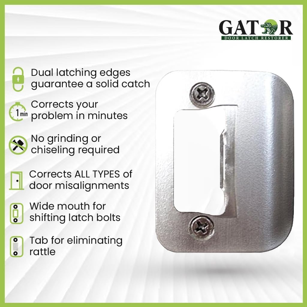 Gator Door Strike Plate with Screws, – 2-1/4" by 1-3/4" Universal Latch Restorer Alloy Steel Lock Hardware for Interior and Exterior Doors, Replacement Door Latch Plate | Satin Nickel 1-Pack