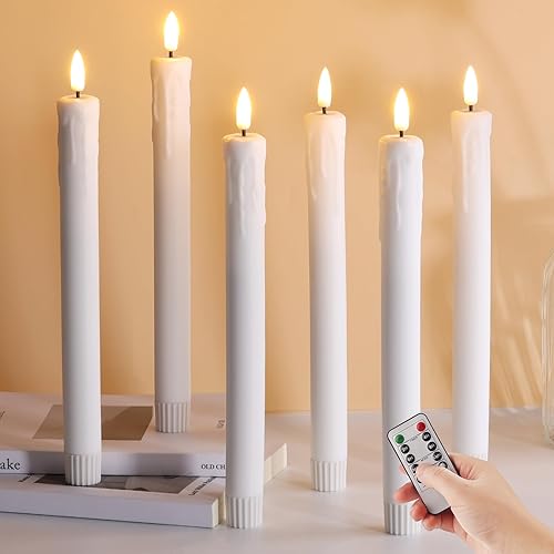 Eywamage Juego de 6 velas cónicas sin llama de Halloween de cera blanca con control remoto, batería parpadeante realista LED