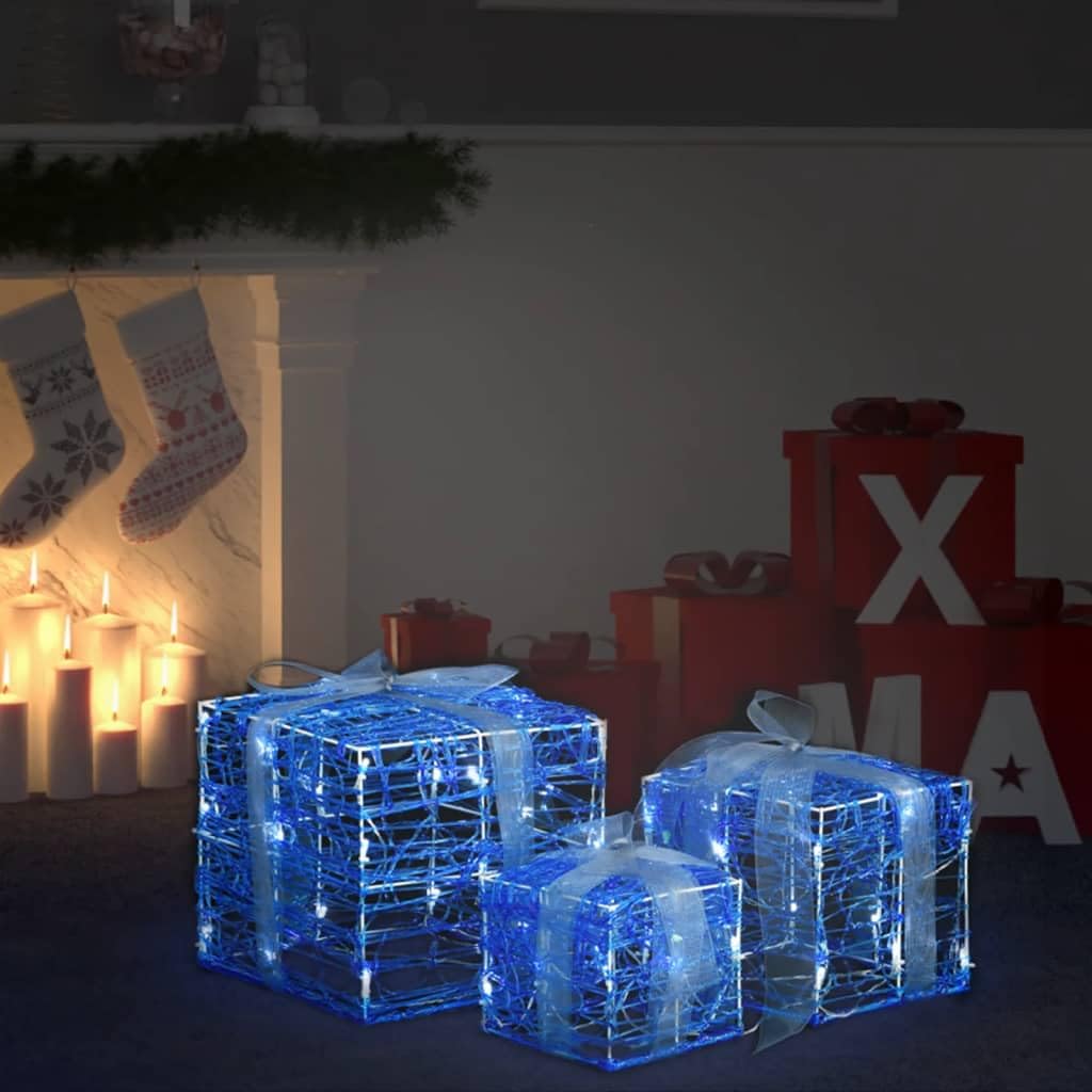 Pudełka prezentowe LED, 3 sztuki, akrylowe, dekoracja bożonarodzeniowa, zimna biel, z 48 diodami LED, 8 trybów oświetlenia, wodoszczelna komora baterii, do użytku wewnątrz i na zewnątrz, do