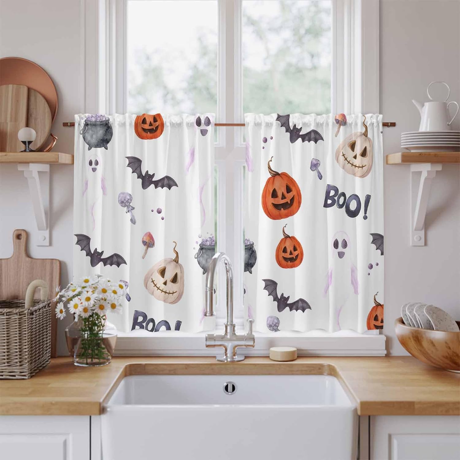 Halloween Kitchen Tier Curtains 45 Inch Long 2 Panel Set, Rod Pocket Short Window Treatment, Bat Pumpkin Ghost Candy Fall Seasonal Light Filtering Curtains & Drapes for Bathroom Basement 27.5"W x 45"L