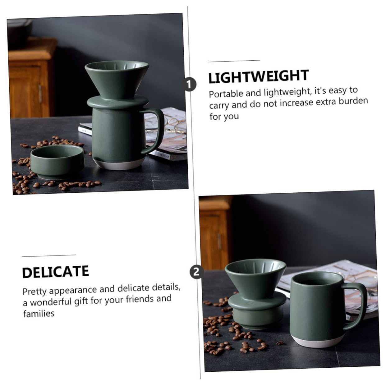 Taza de Café de Cerámica Filtro Manual para Preparar Café | Verde Detalles Delicados , Formato Ligero y Portátil y Filtrado Fino Uso Práctico , Diseño Simple